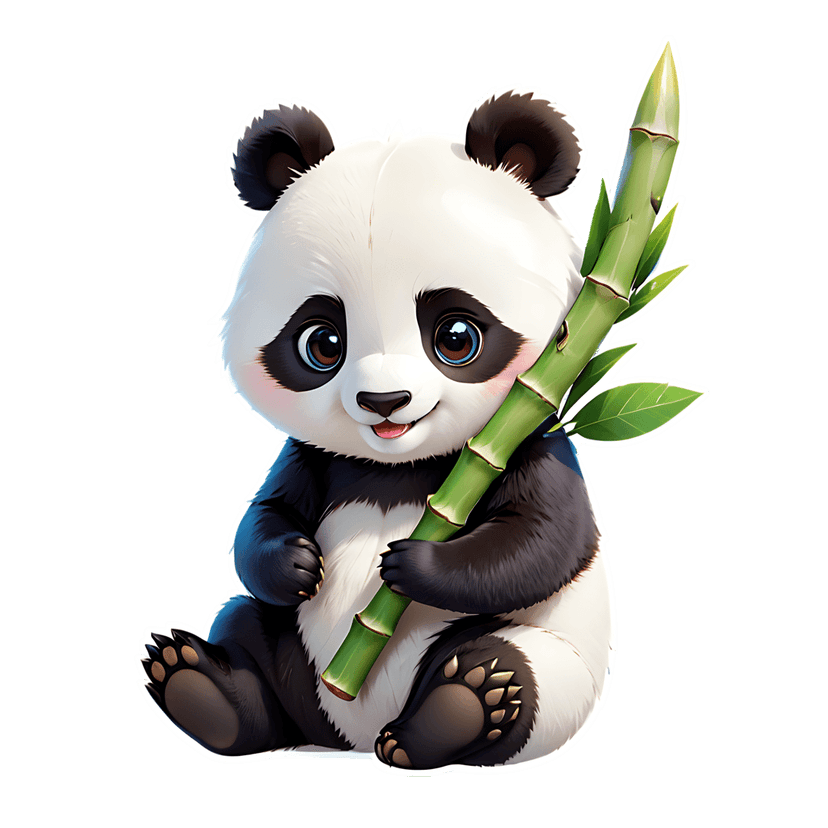 Panda sticker illustration sits upright while holding a green bamboo stalk featuring black white fluffy fur.
