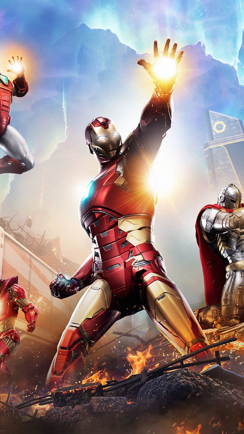 Iron Man suits hover amidst a futuristic city while one armor fires a glowing blue repulsor beam from its palm.