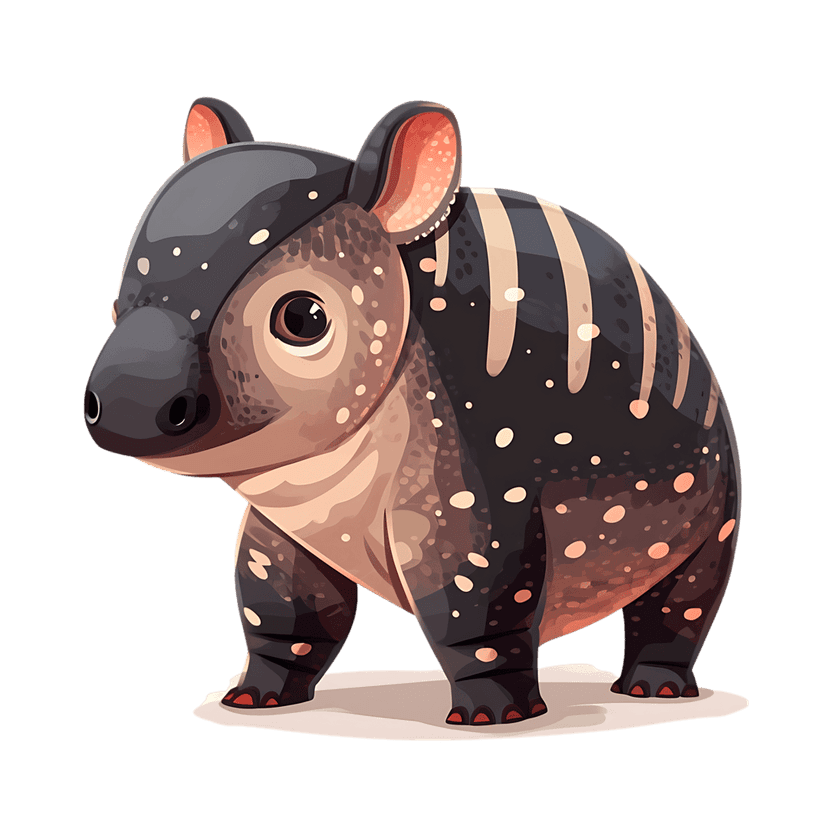 Cartoon baby tapir stands in profile showing white stripes and spots on a dark brown body with a rounded snout.