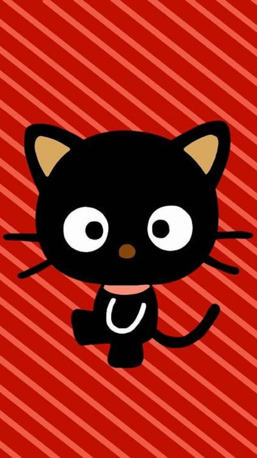 Black cat with oversized white eyes and a pink collar stands before a diagonal red and white striped backdrop.