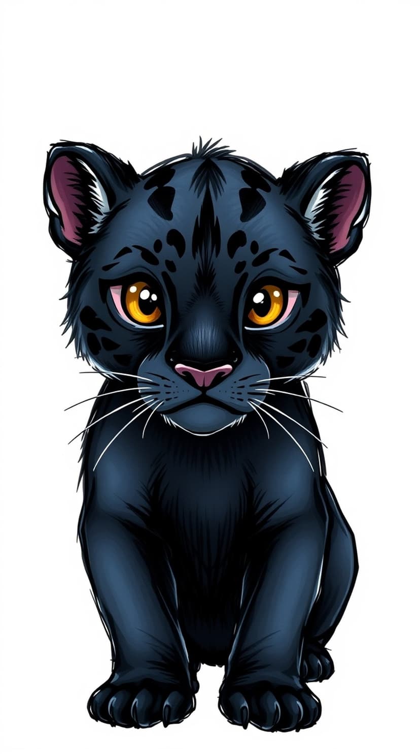 Black panther cub with large amber eyes, a pink nose, and faint spots sitting against a dark background.