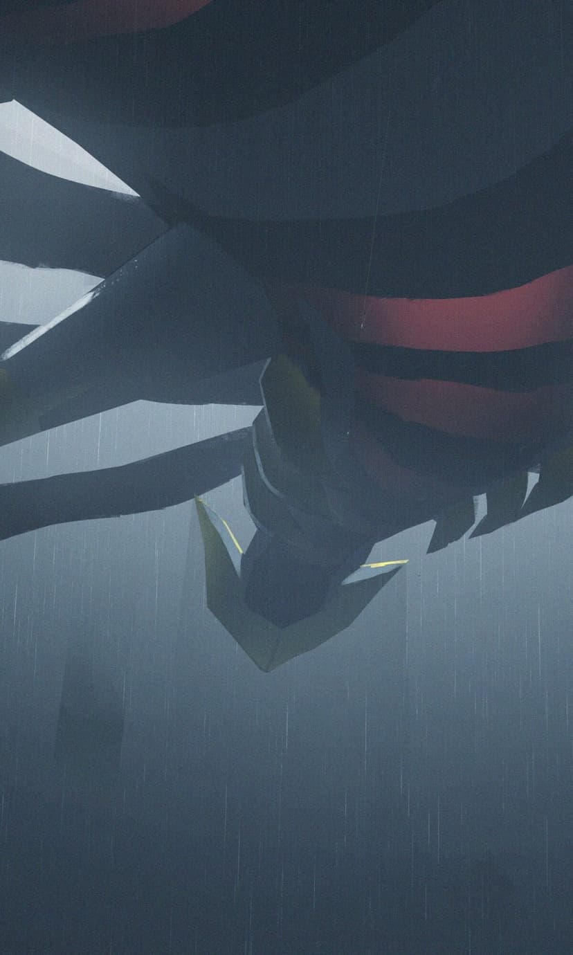 Giratina Origin Forme looming in a dark rainy sky with prominent red stripes and golden facial armor highlights.