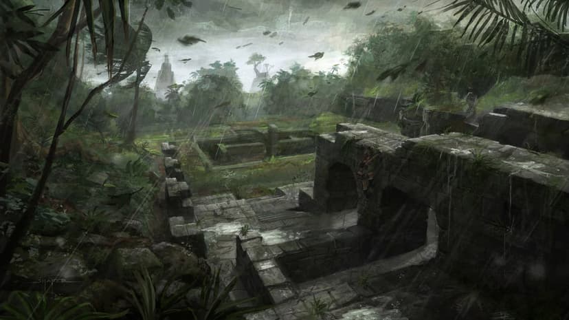 Explorer climbing mossy stone ruins in a dense rainy jungle with ancient temples visible in the misty distance.