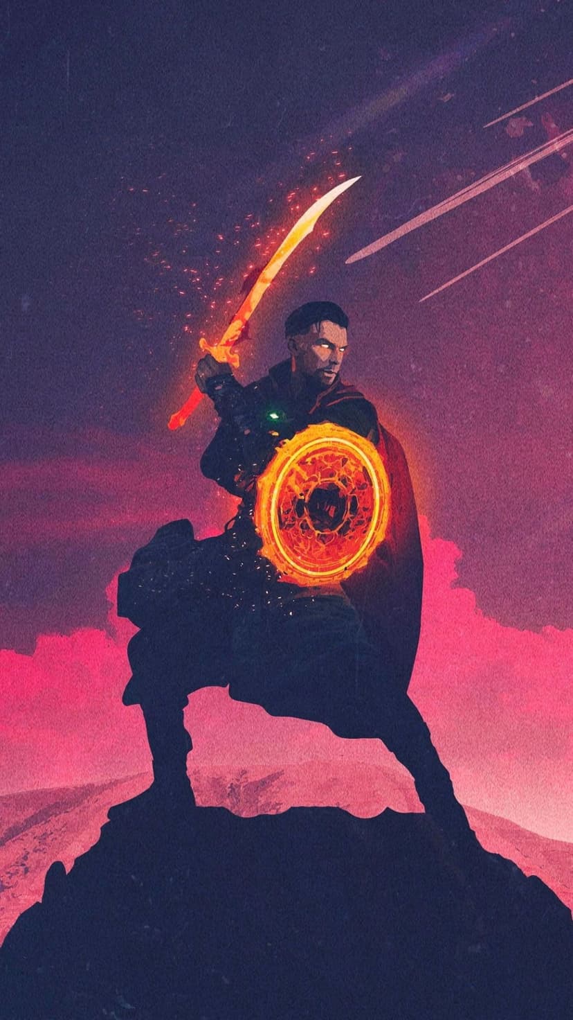 Doctor Strange holds a glowing orange sword and circular shield amidst purple cosmic clouds and light streaks.