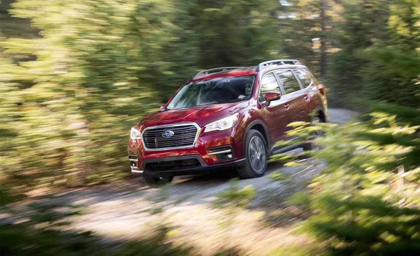 Red Subaru SUV driving on a gravel road through a dense green forest with motion-blurred trees and dappled sunlight.