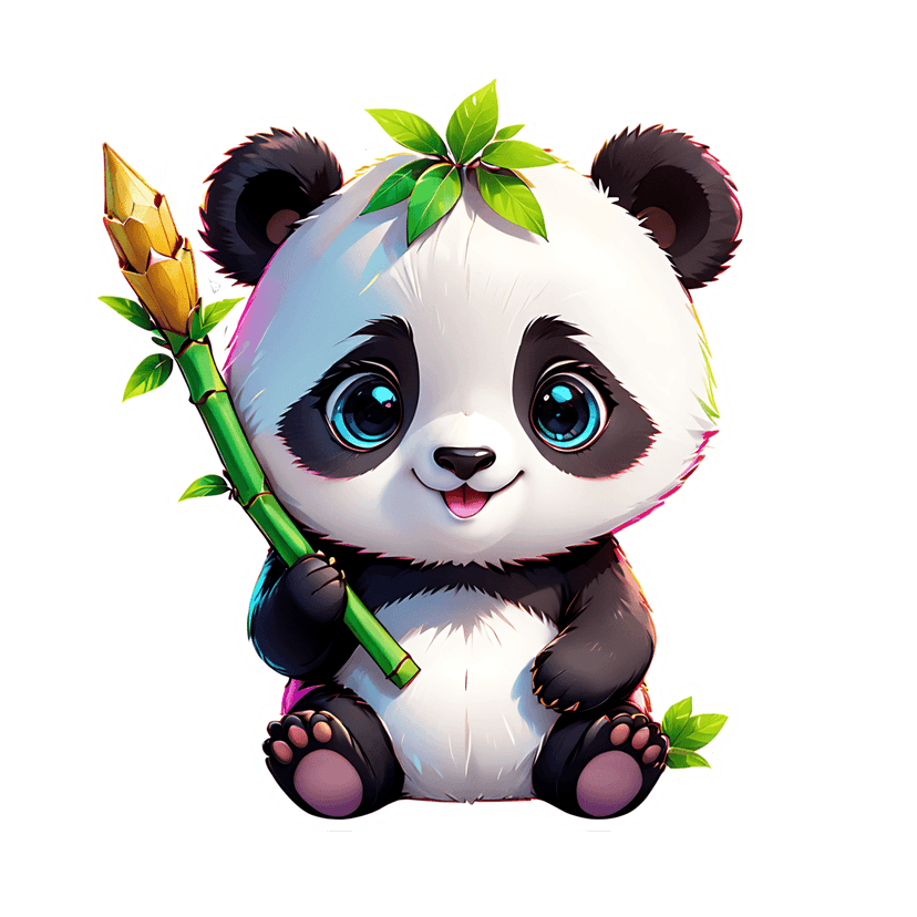 Panda cub sticker illustration holding a green bamboo stalk with iridescent blue eyes and thick white outlines.
