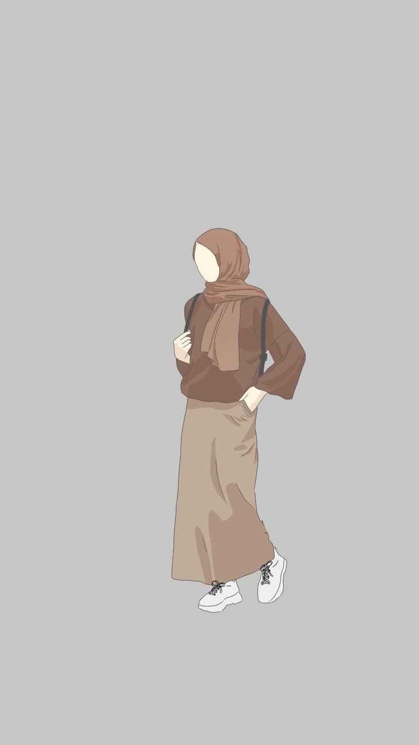 Muslim woman wearing a brown hijab, long skirt, and white sneakers carrying a backpack against a grey background.