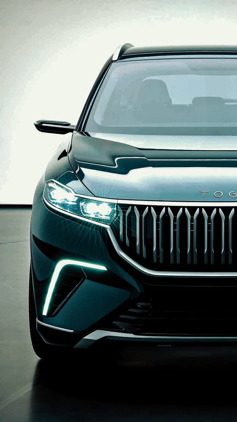 Dark TOGG SUV front grille and illuminated LED headlights showcasing a sleek electric vehicle design.