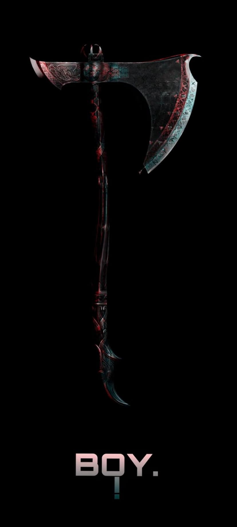 Leviathan Axe featuring glowing cyan and red runes above the word BOY centered on a pitch black background.