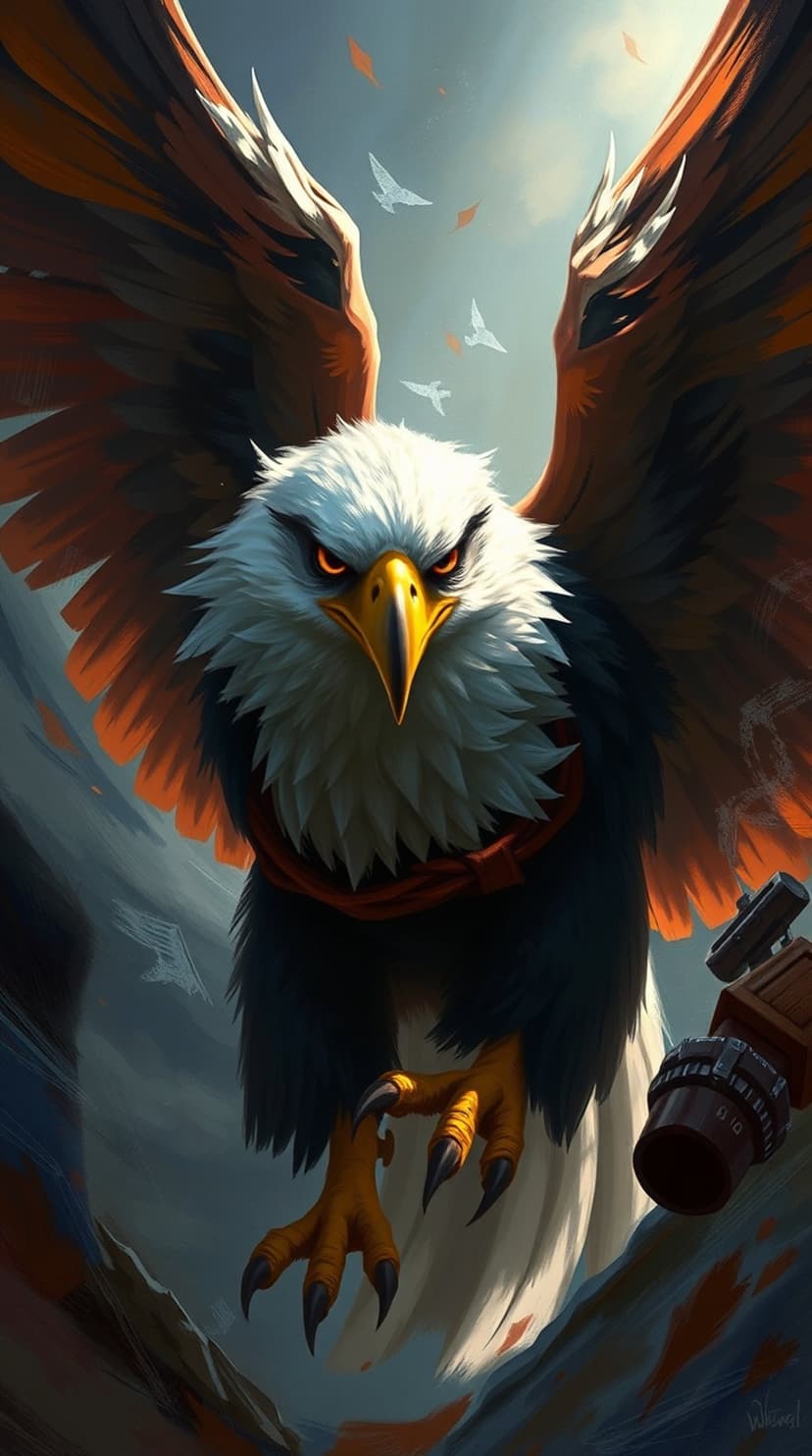Eagle warrior with glowing red eyes, fiery orange wings, and extended talons soaring in a leaf-filled sky.