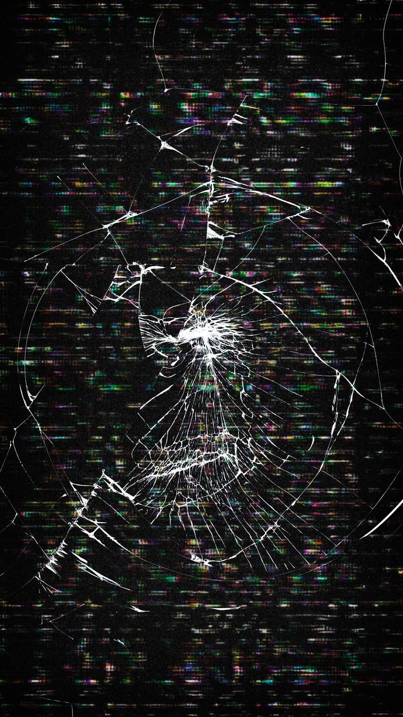 Spiderweb cracks on a black screen with horizontal bands of colorful digital noise and pixelated glitch textures.