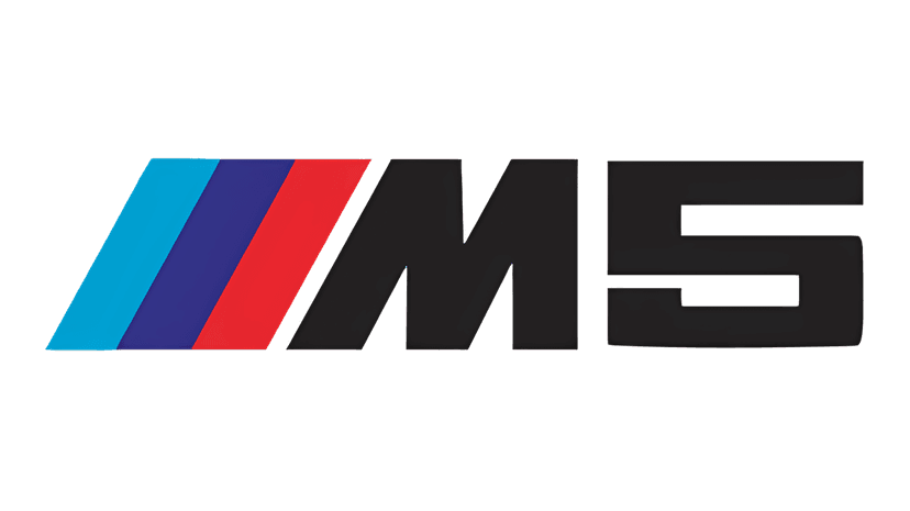BMW M5 logo featuring silver metallic number five and iconic blue, violet, and red diagonal racing stripes.