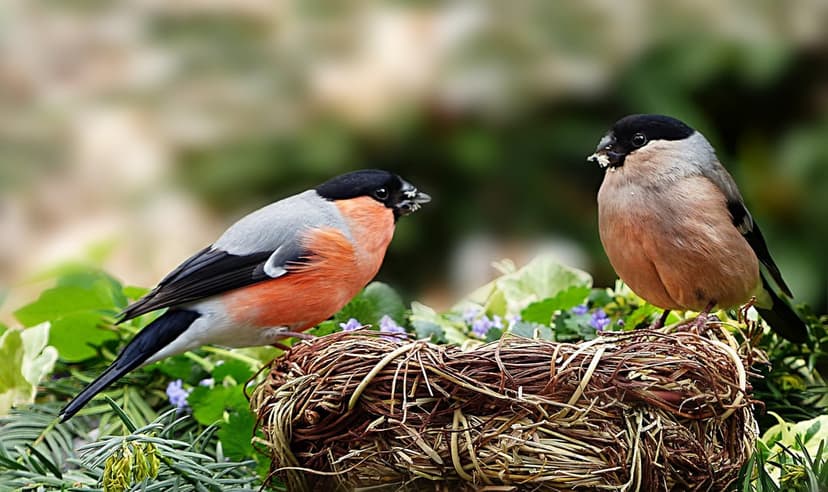 Two bullfinches with orange and grey plumage sit in a twiggy nest surrounded by soft green summer foliage.