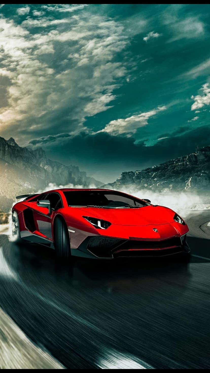 Red Lamborghini Aventador accelerates on a winding mountain road under a dramatic cloudy sky during daytime.