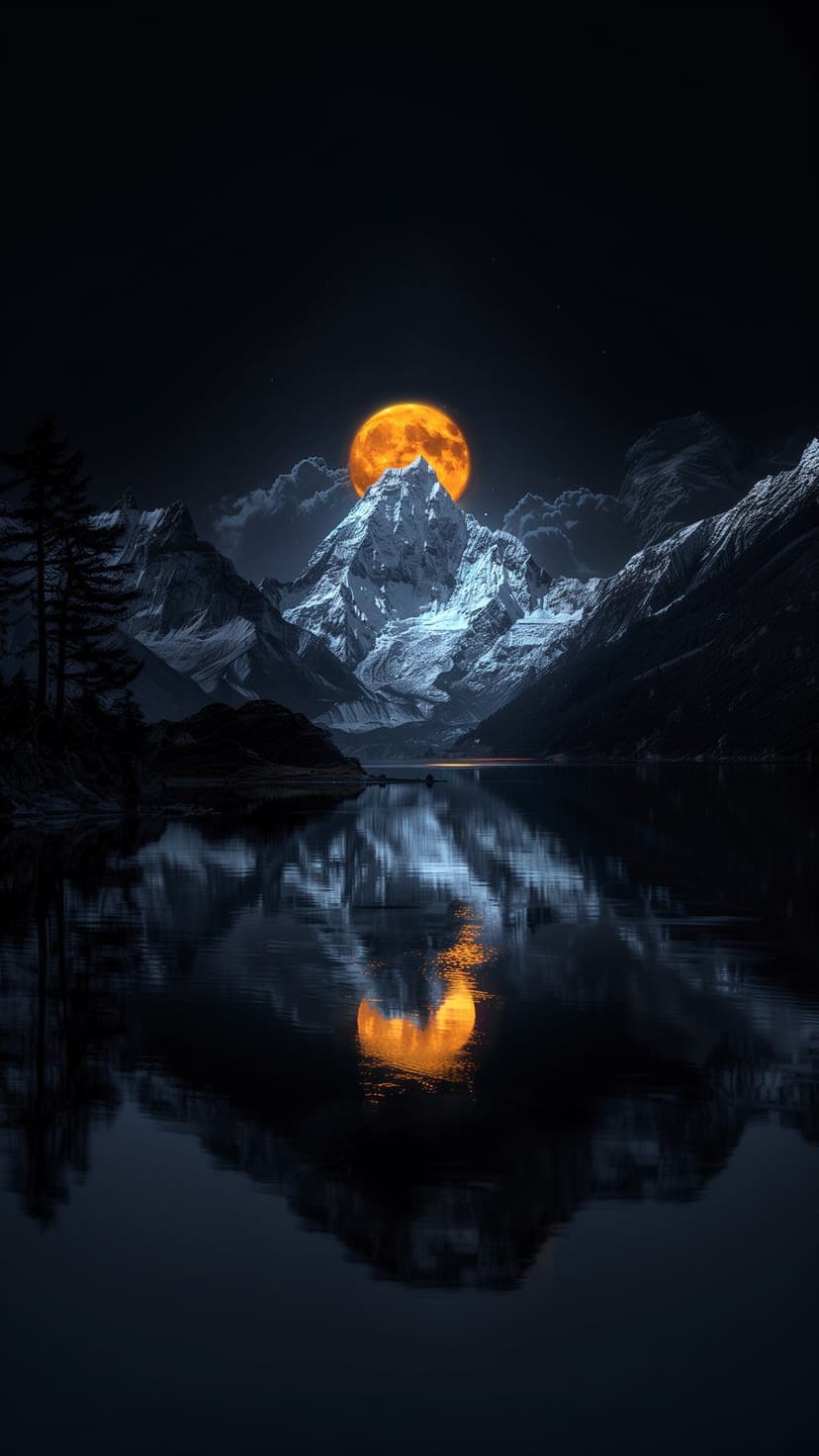 Large orange moon above snow-covered peaks reflected in a still lake at night with silhouette trees on the left.
