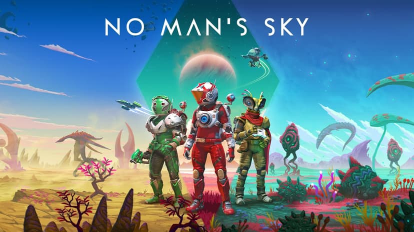 Three diverse alien explorers stand in a split-landscape alien world under a giant moon and deep blue sky.