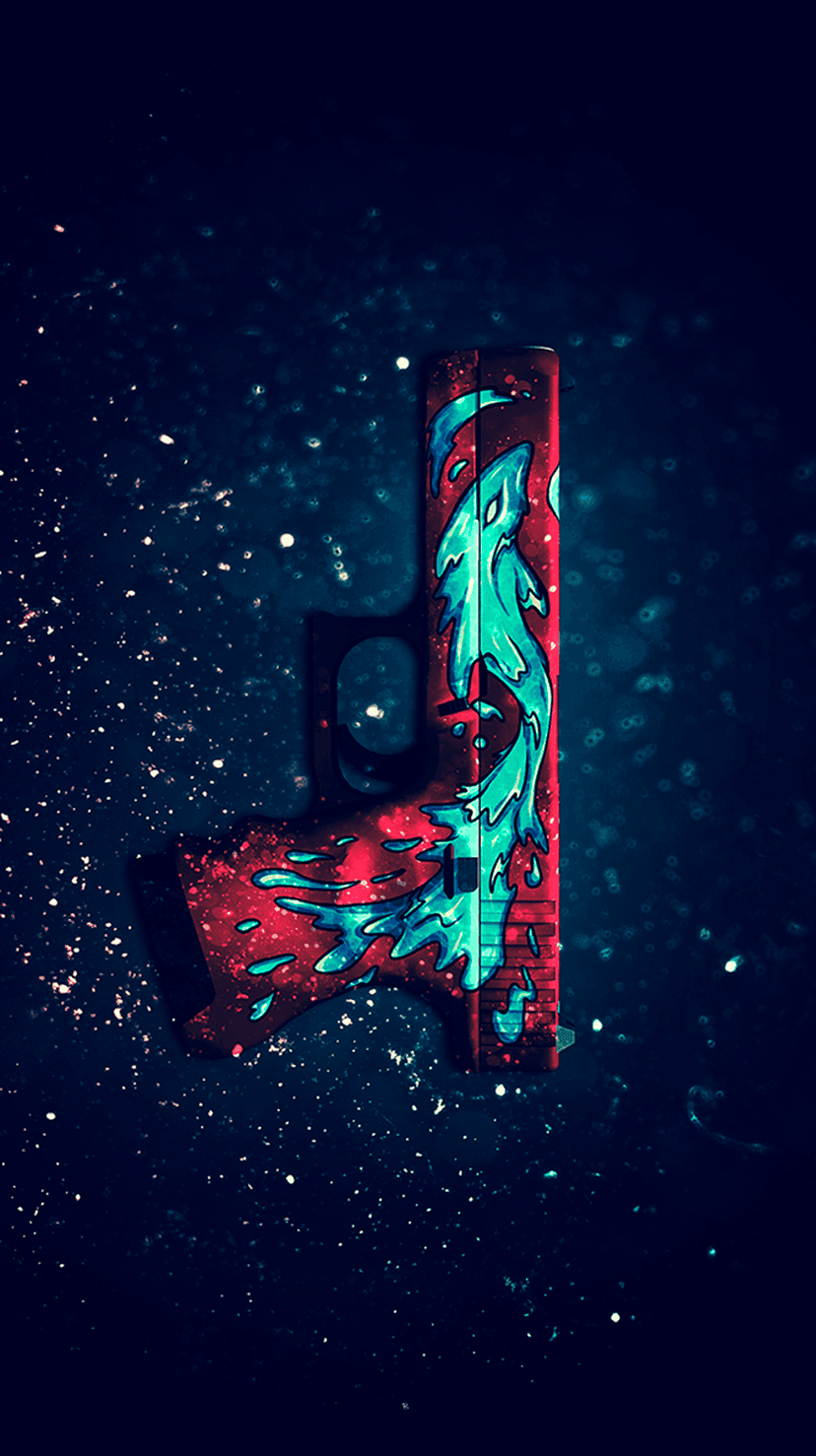 Glock-18 pistol with a red and turquoise dragon pattern over a dark speckled surface in a top-down view.