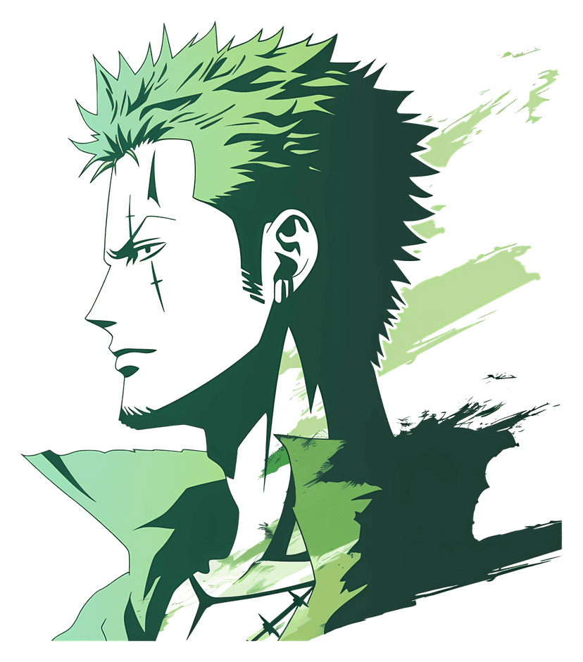 Green-haired anime swordsman side profile showing sharp jawline, spiky hair, and minimalist black line art style.