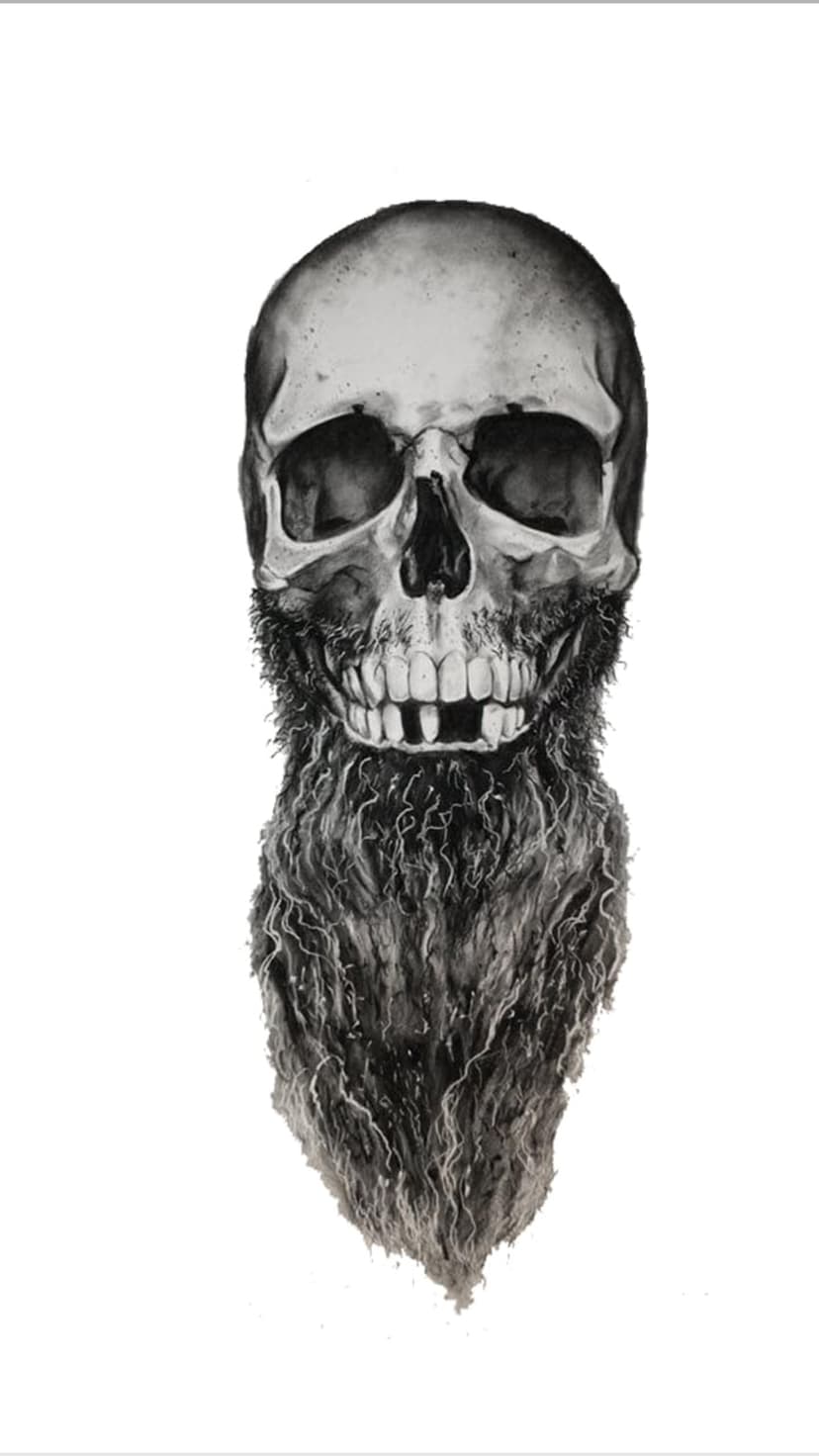 Human skull with a voluminous wispy beard, deep eye sockets, and chipped teeth on a dark monochromatic background.