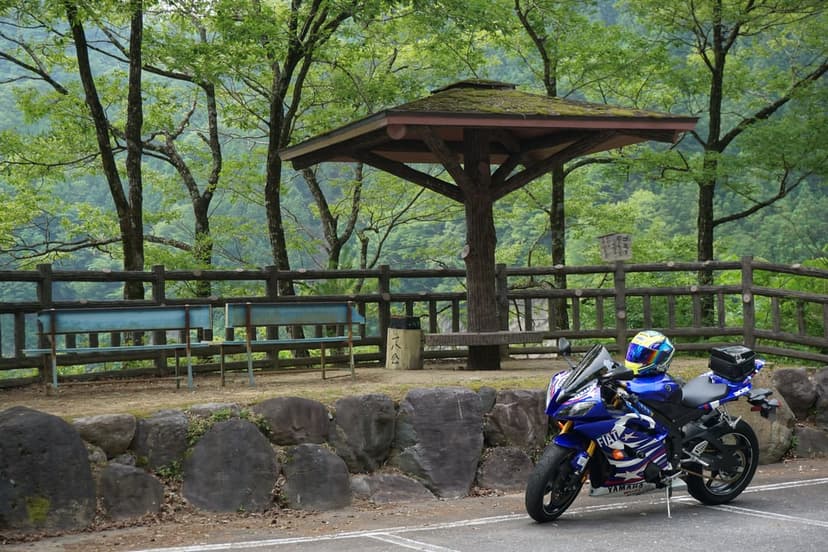 Blue sportbike parked by a wooden picnic shelter in a lush green forest overlook at a scenic roadside rest stop.