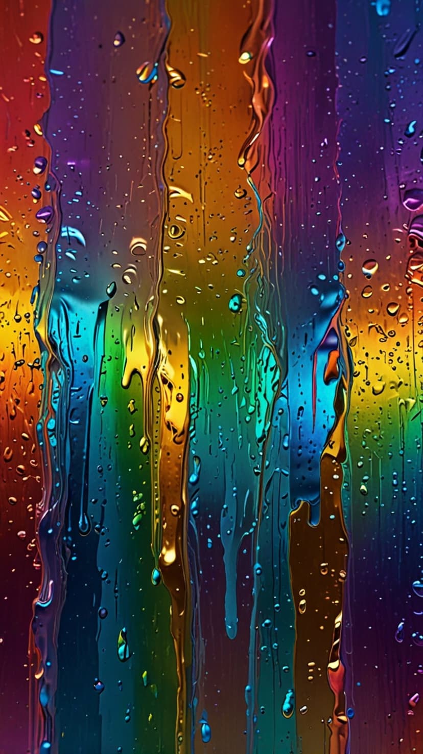 Prismatic water droplets and liquid streaks flow down a vertical surface in a vibrant spectrum of rainbow colors.