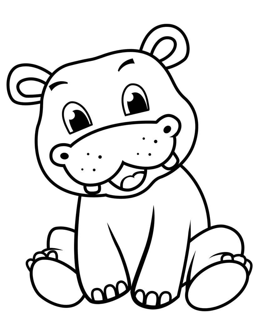 Baby hippo coloring page illustration featuring a smiling hippopotamus sitting down with black line art outlines.