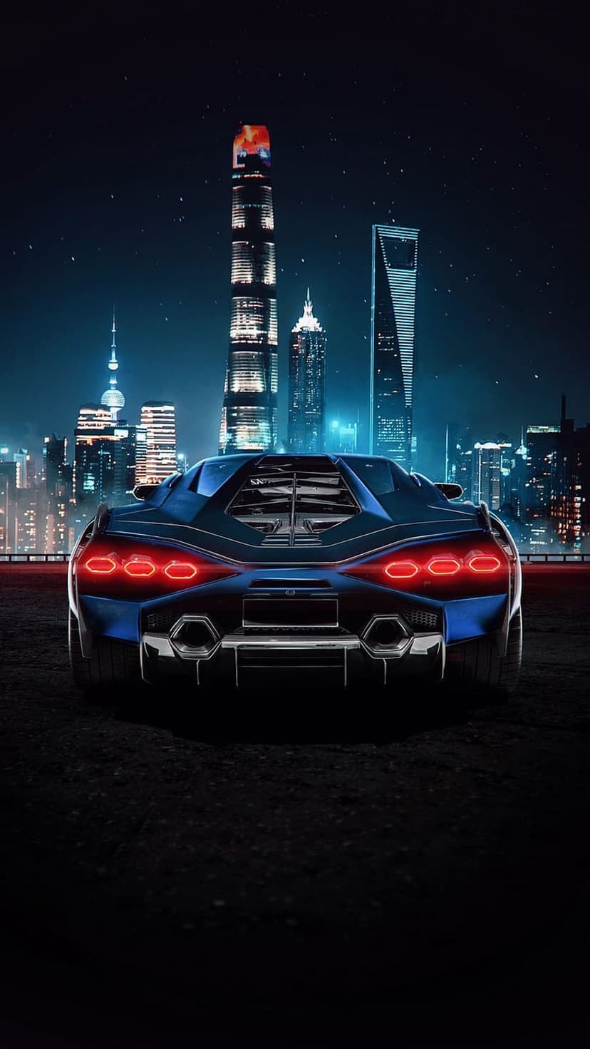 Blue Lamborghini supercar rear view with glowing red taillights parked against a nighttime urban city skyline.