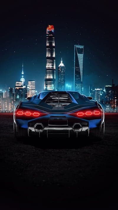 Blue Lamborghini Night City Skyline Mobile Wallpaper