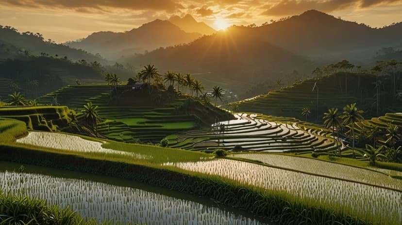 Lush green rice terraces cascade down a misty valley beneath the warm yellow glow of a rising tropical sun.