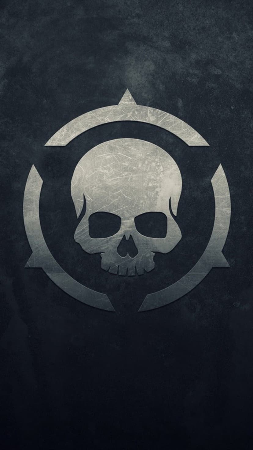 Metallic silver skull emblem with sharp edges centered in a circular compass on a scratched dark gray background.