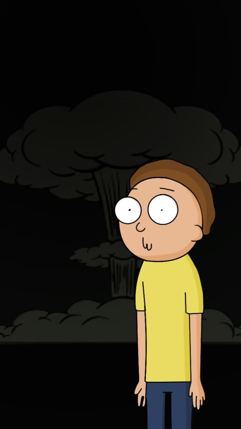 Morty Smith gazes wide-eyed at a towering orange mushroom cloud rising from a dark, apocalyptic horizon.
