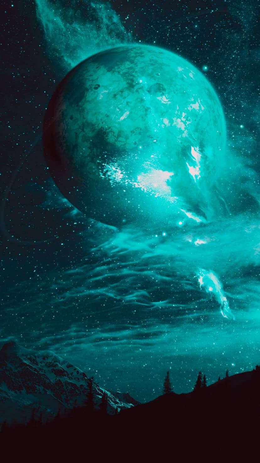 Cyan planet glowing above jagged black mountain silhouettes and pine trees under a starry nebula background.