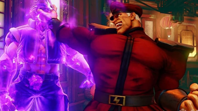 M. Bison in a red uniform grabs a glowing purple character by the face in a cinematic Street Fighter scene.