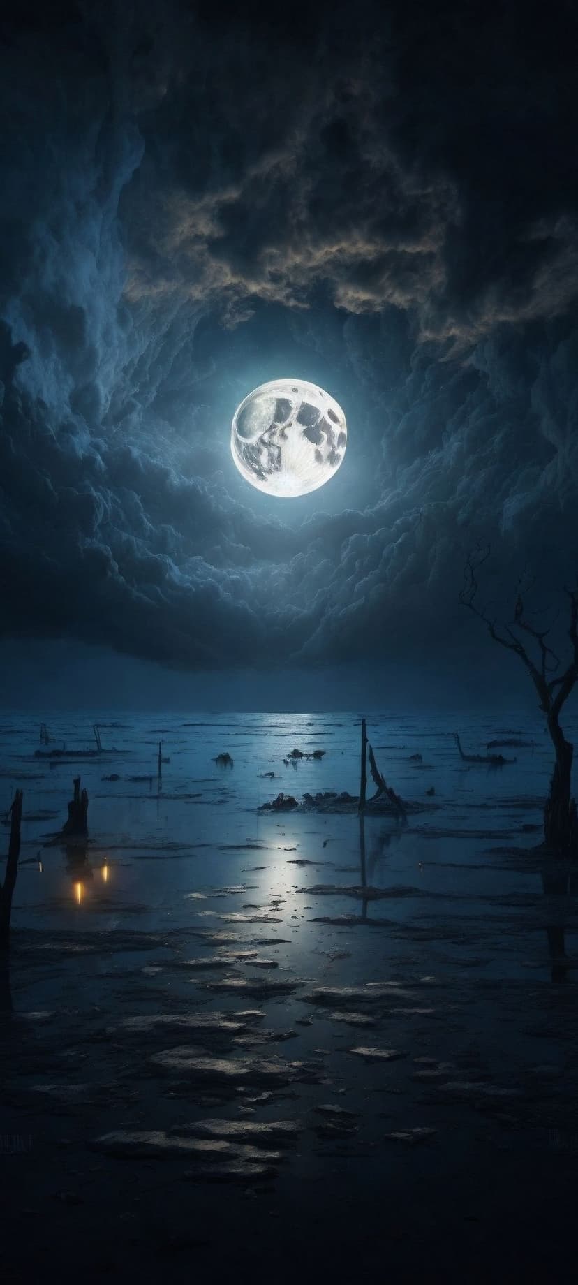Radiant moon illuminating a dark swamp with skeletal tree silhouettes and reflections in the still water.