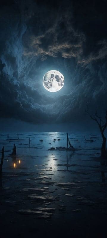 Eerie Full Moon Over a Dark, Mystical Swamp