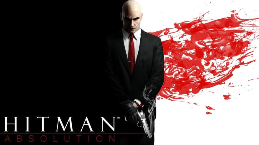 Agent 47 in a black suit holds a smoking pistol against a split black and white blood-spattered background.