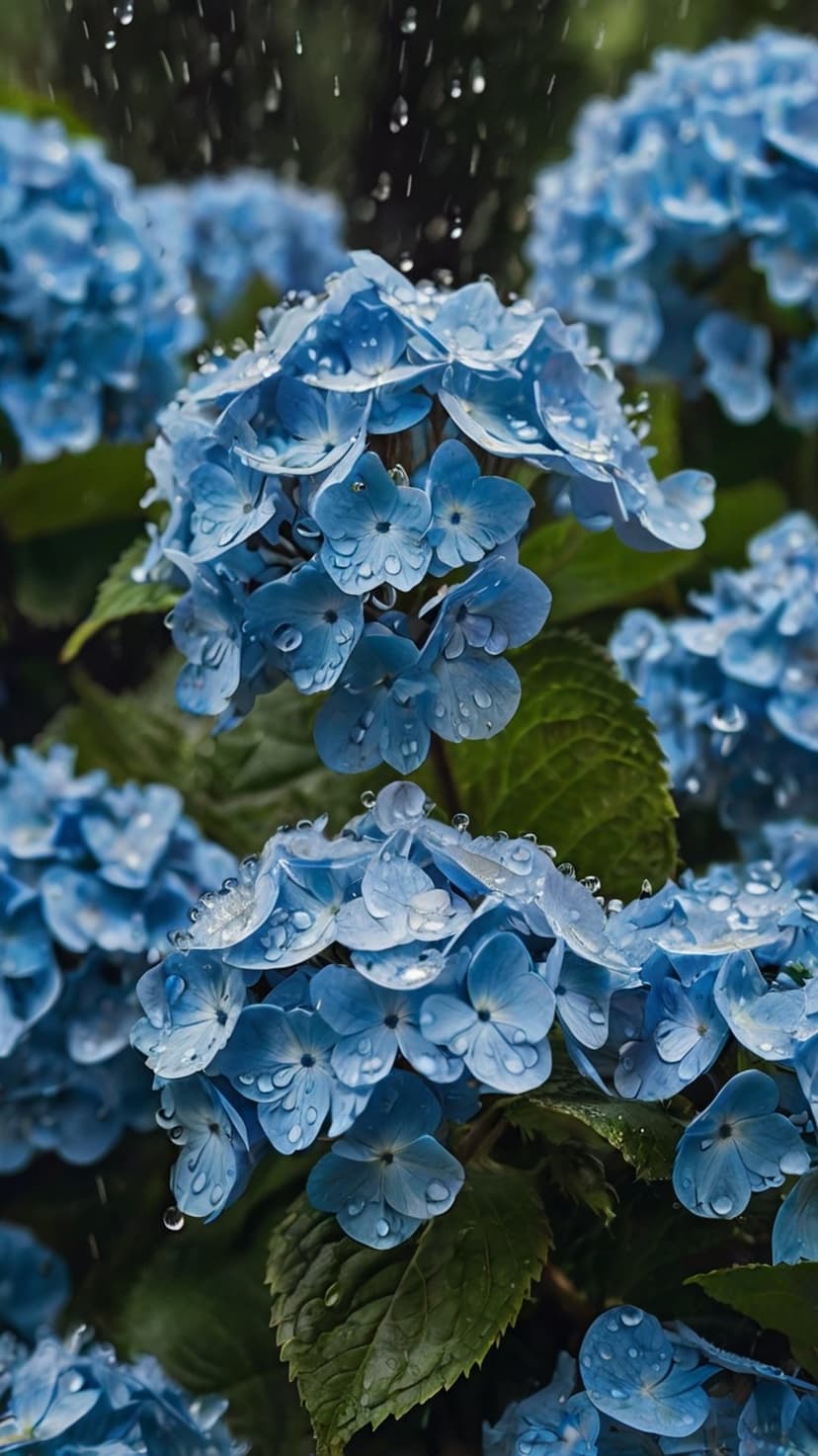 Blue hydrangea petals covered in sparkling water droplets against a blurred background of lush green leaves.