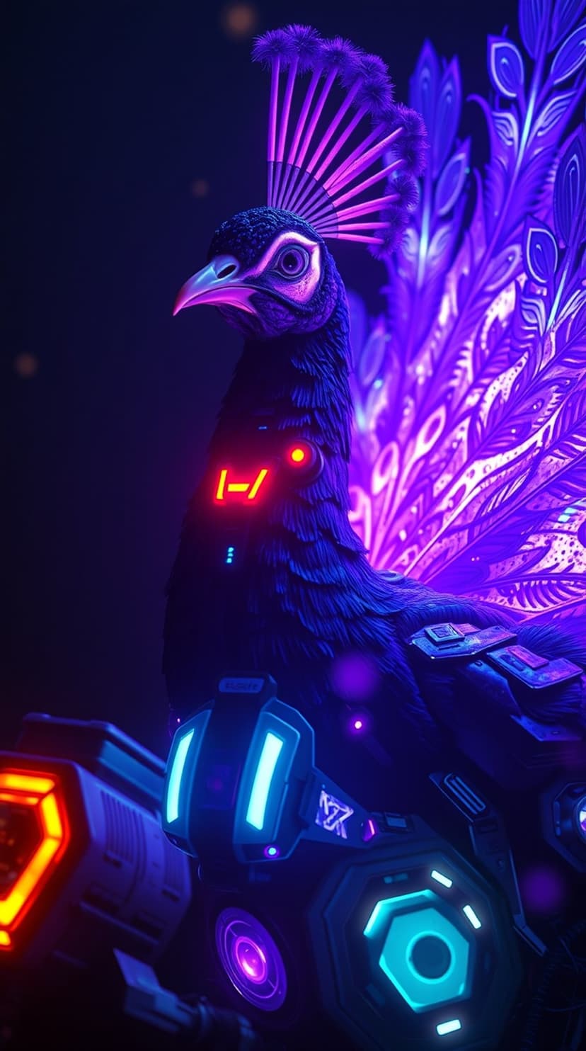 Neon peacock with glowing purple feathers perched on dark mechanical structures with blue and orange light accents.