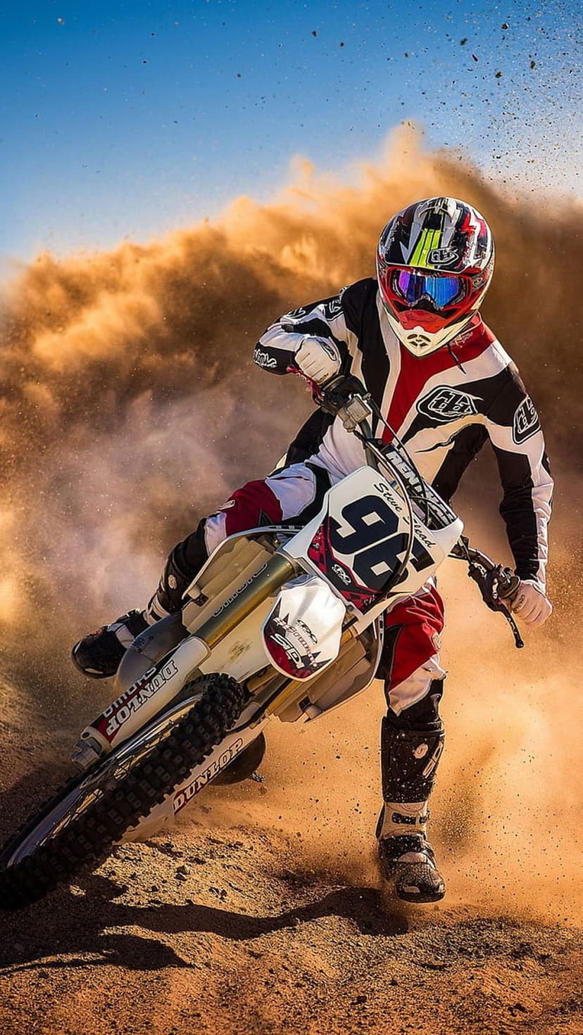 Motocross rider mid-air jump over sandy dunes creates a thick dust cloud under a clear blue desert sky.