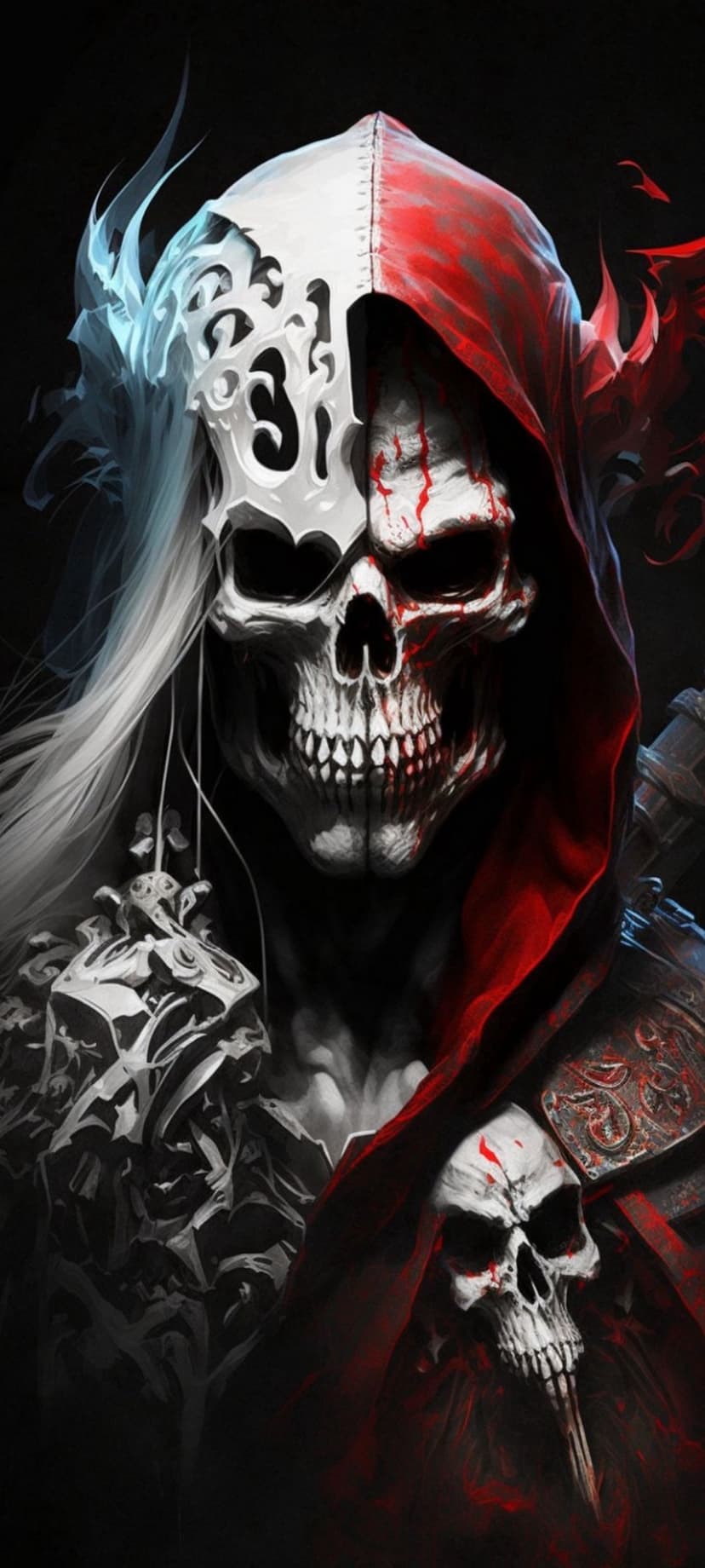 Grim reaper with a split skull face, white filigree patterns, and a blood-red cloak wearing ornate bone armor.