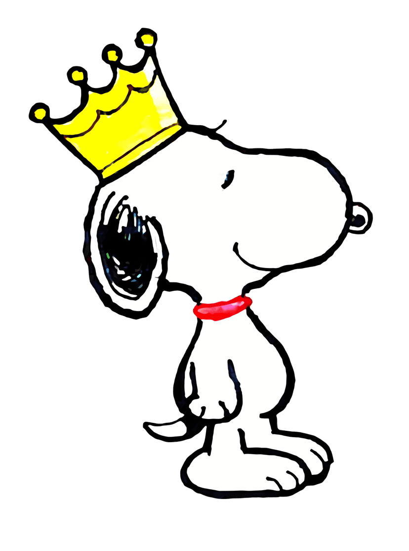 Snoopy character wearing gold crown features crisp black outlines and flat colors on a transparent background.