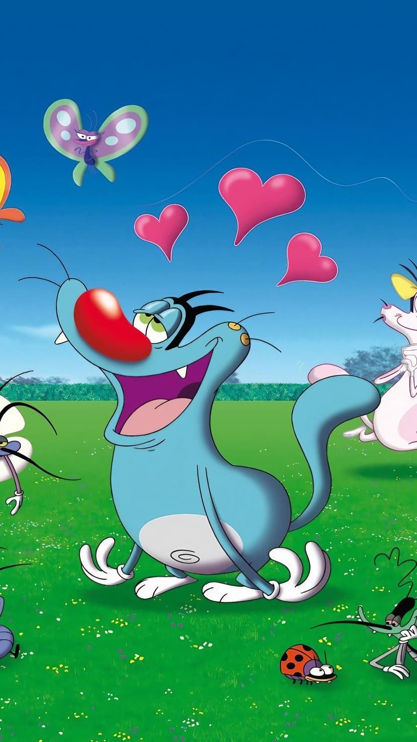 Oggy the blue cat sits in a green meadow with a pink female cat, surrounded by butterflies and hearts.