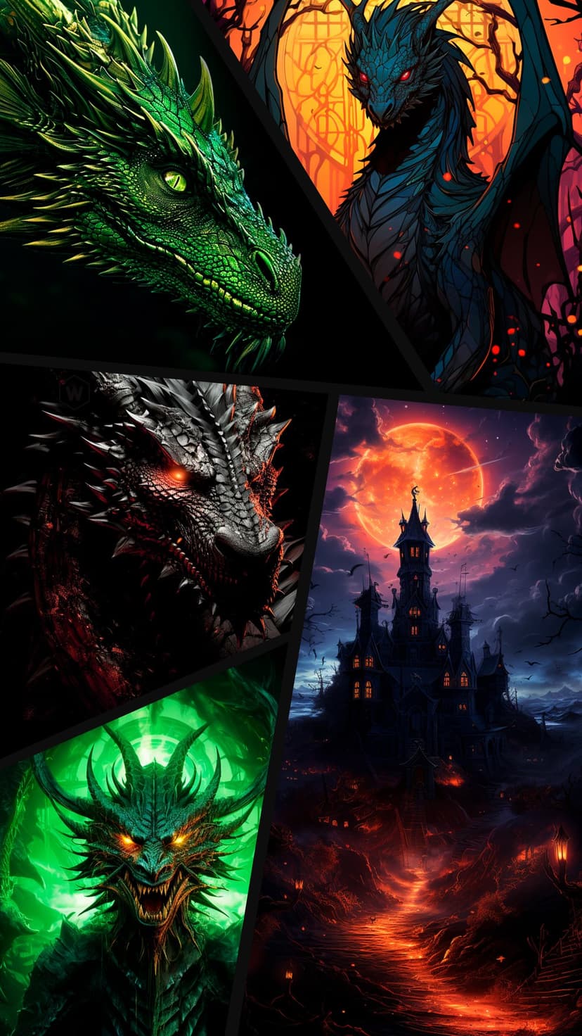 Dragons in various colors surround a dark castle under a glowing red moon in a vertical fantasy composition.