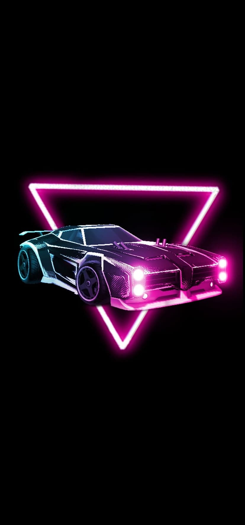 Rocket League car centered in a glowing pink triangle with neon blue light reflections on dark metal.