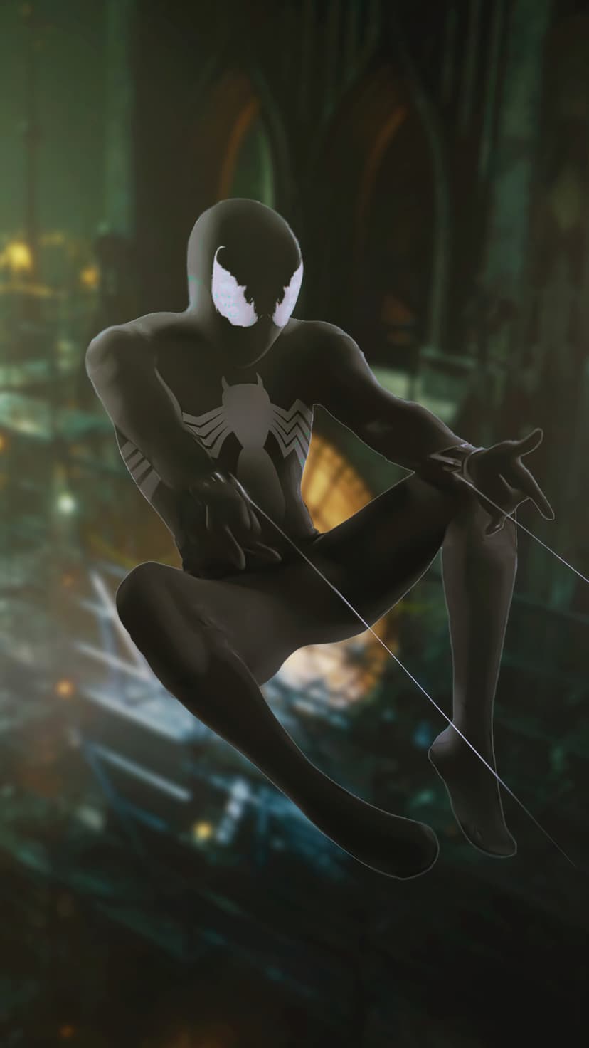 Spider-Man in a black suit swings between tall buildings using white webbing against a blurry nighttime cityscape.