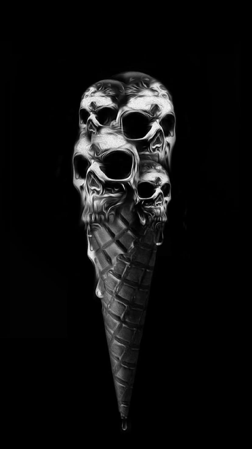 Stacked human skulls melting like soft-serve ice cream onto a textured cone against a solid black background.