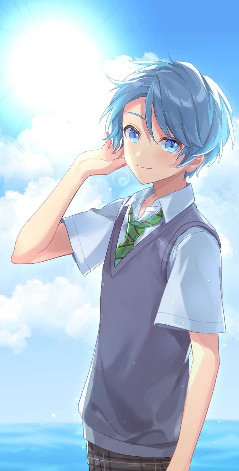 Blue-haired teen in a school vest raises a hand to his ear against a bright sunny sky with fluffy white clouds.