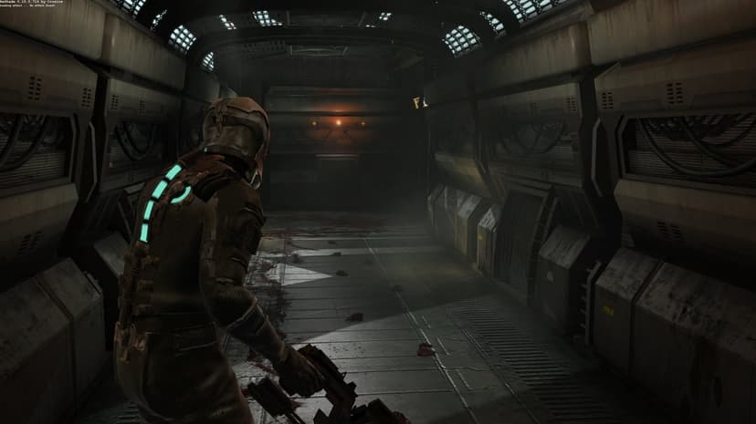 Isaac Clarke walking through a dark, blood-splattered metallic spaceship hallway with glowing suit lights.