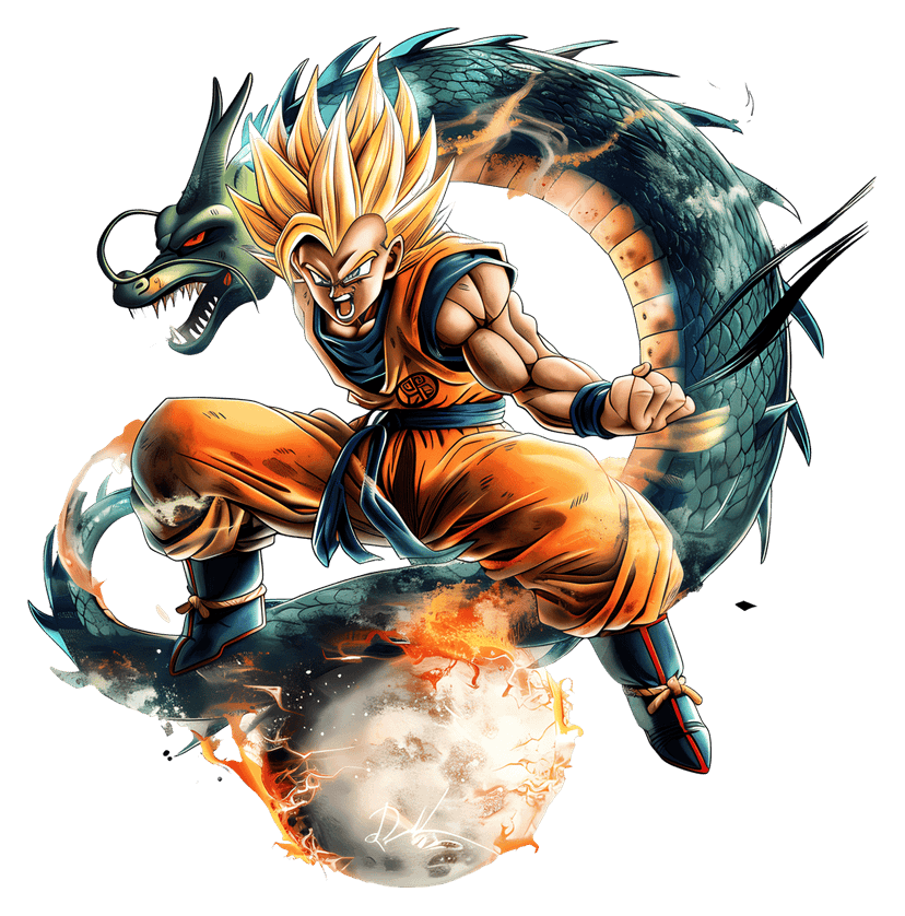 Anime warrior standing beside a large dragon featuring glowing energy effects and detailed muscle definition.