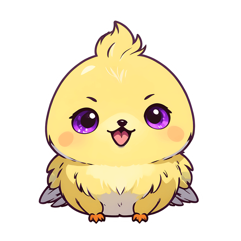 Yellow chick sticker illustration featuring a front-facing fluffy body, glossy purple eyes, and orange feet.